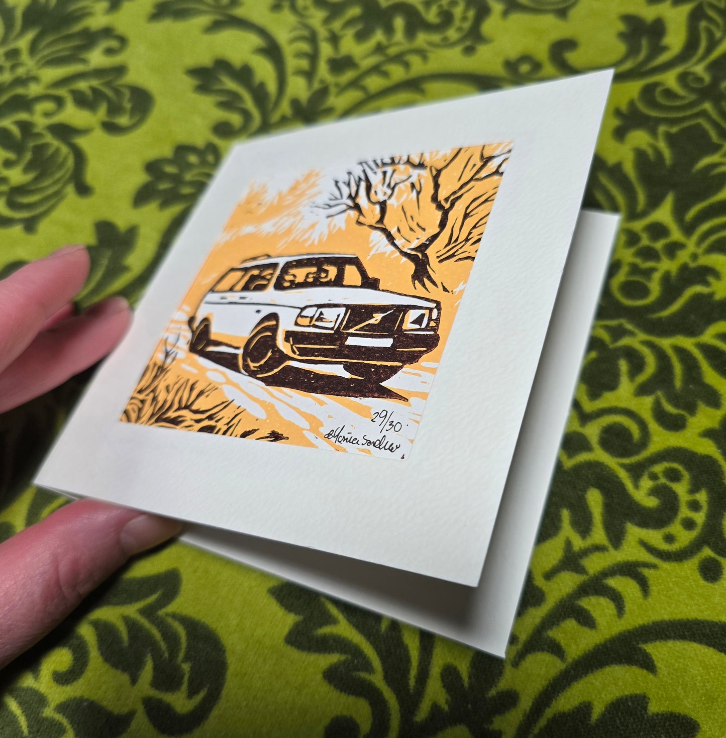 Håndlaget Linotrykk dobbelt kort, Volvo 240 stasjonsvogn, Unikt trykk 29/ 30