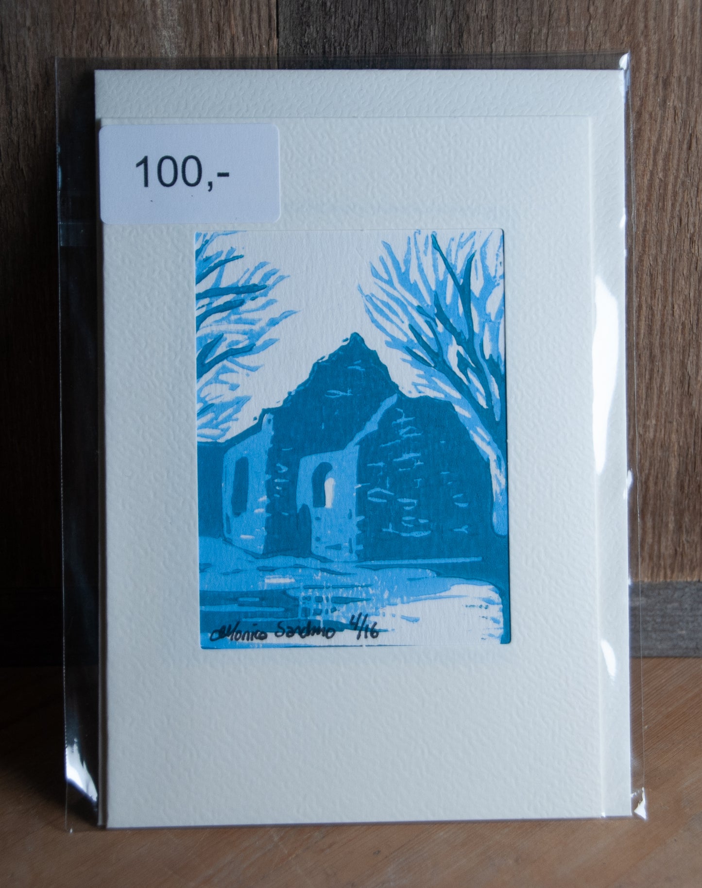 Håndlaget Linotrykk Nes Kirkeruiner - Kort 4/16