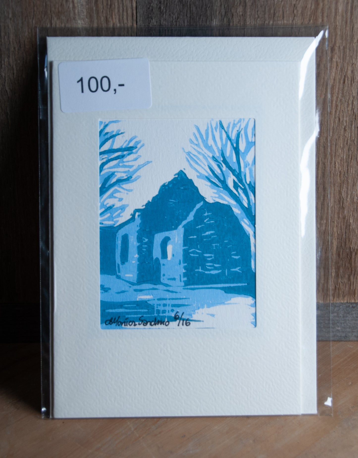 Håndlaget Linotrykk Nes Kirkeruiner - Kort 6/16