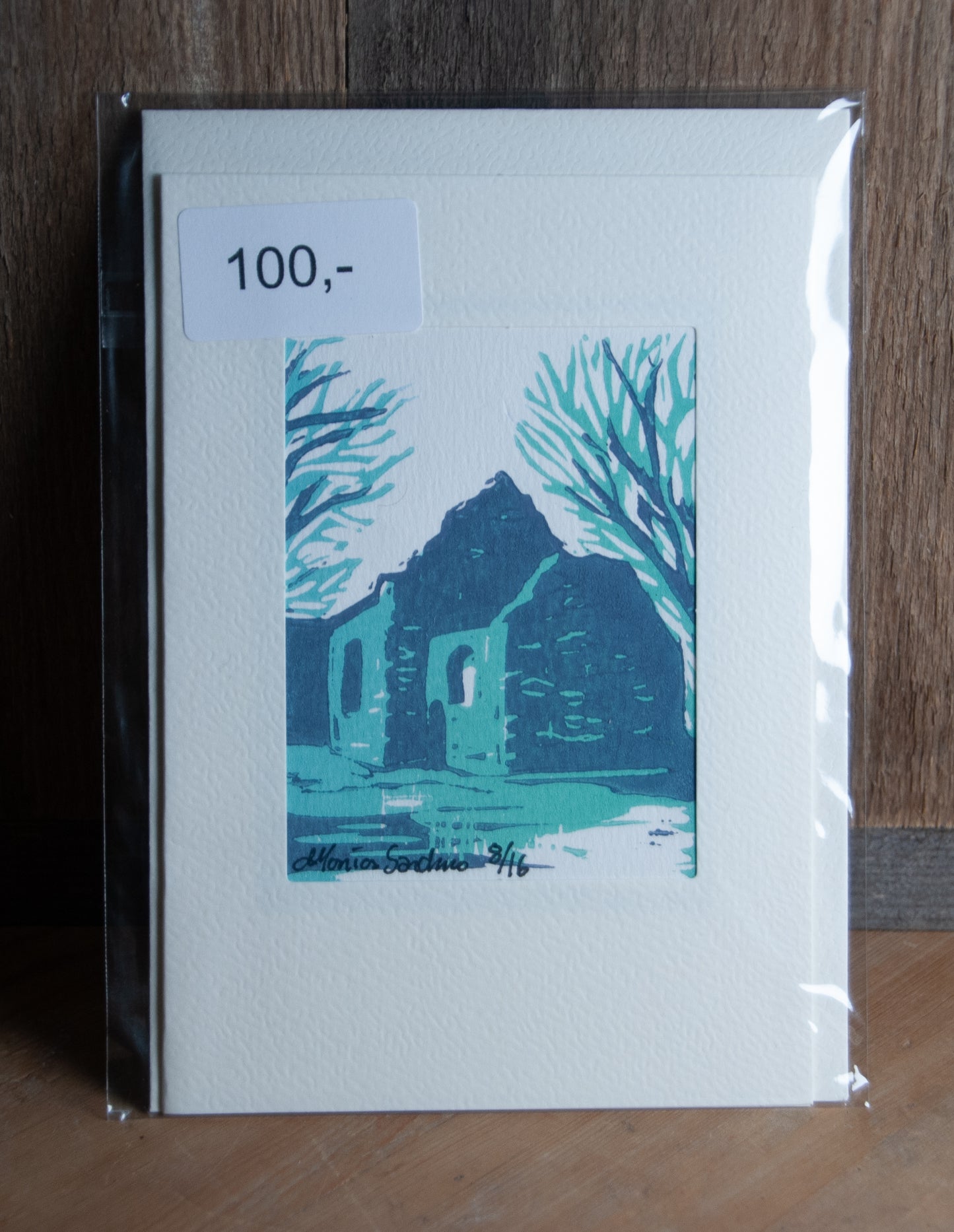 Håndlaget Linotrykk Nes Kirkeruiner - Kort 8/16