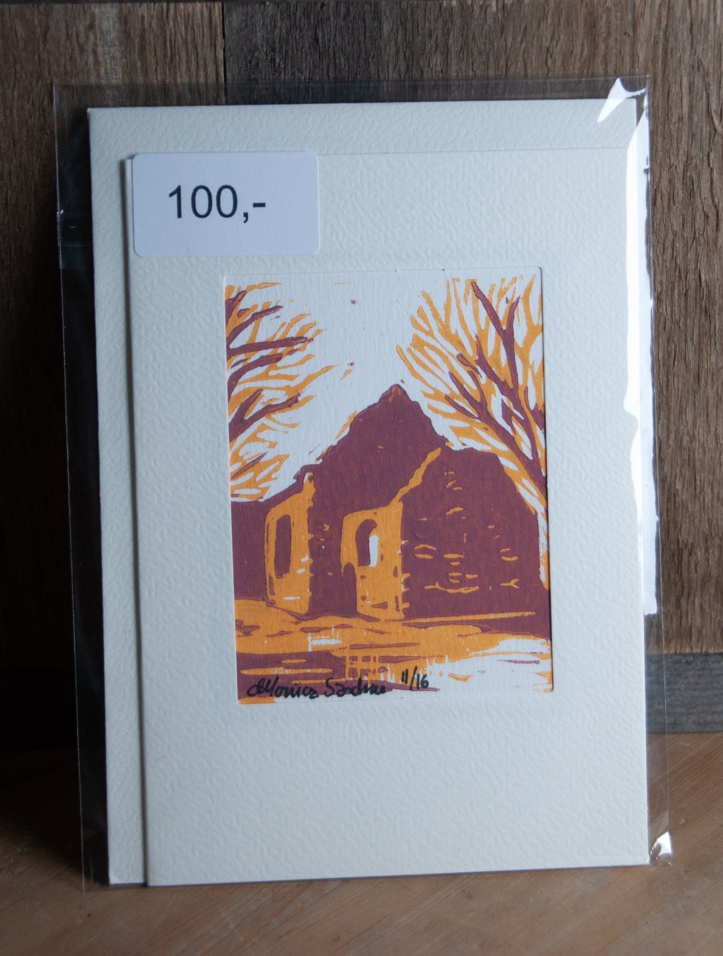 Håndlaget Linotrykk Nes Kirkeruiner - Kort 11/16