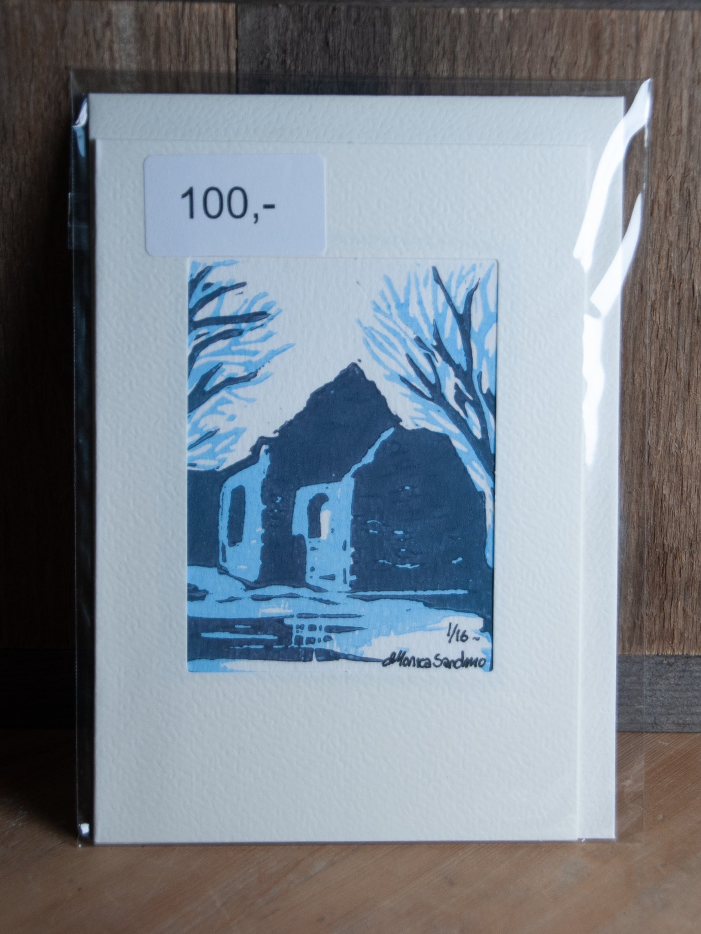 Håndlaget Linotrykk Nes Kirkeruiner - Kort 1/16