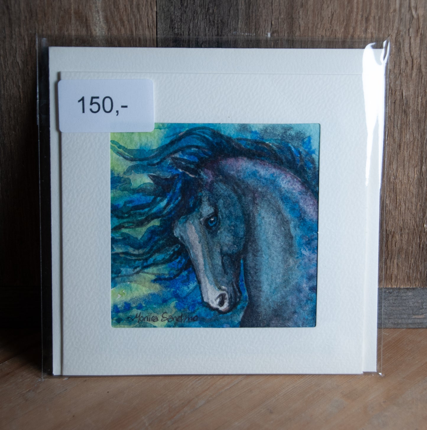 Håndmalt Akvarellkort - Blå Hest - Unikt kort
