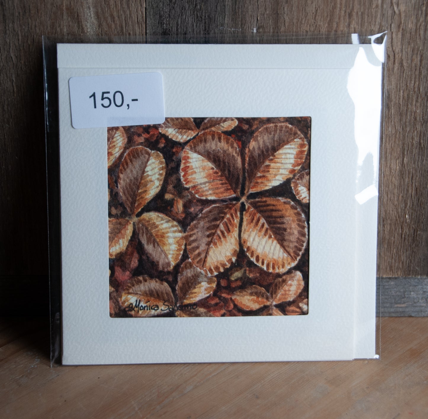 Håndmalt Akvarellkort - Gyllenbrun Kløver med Firkløver - Unikt kort