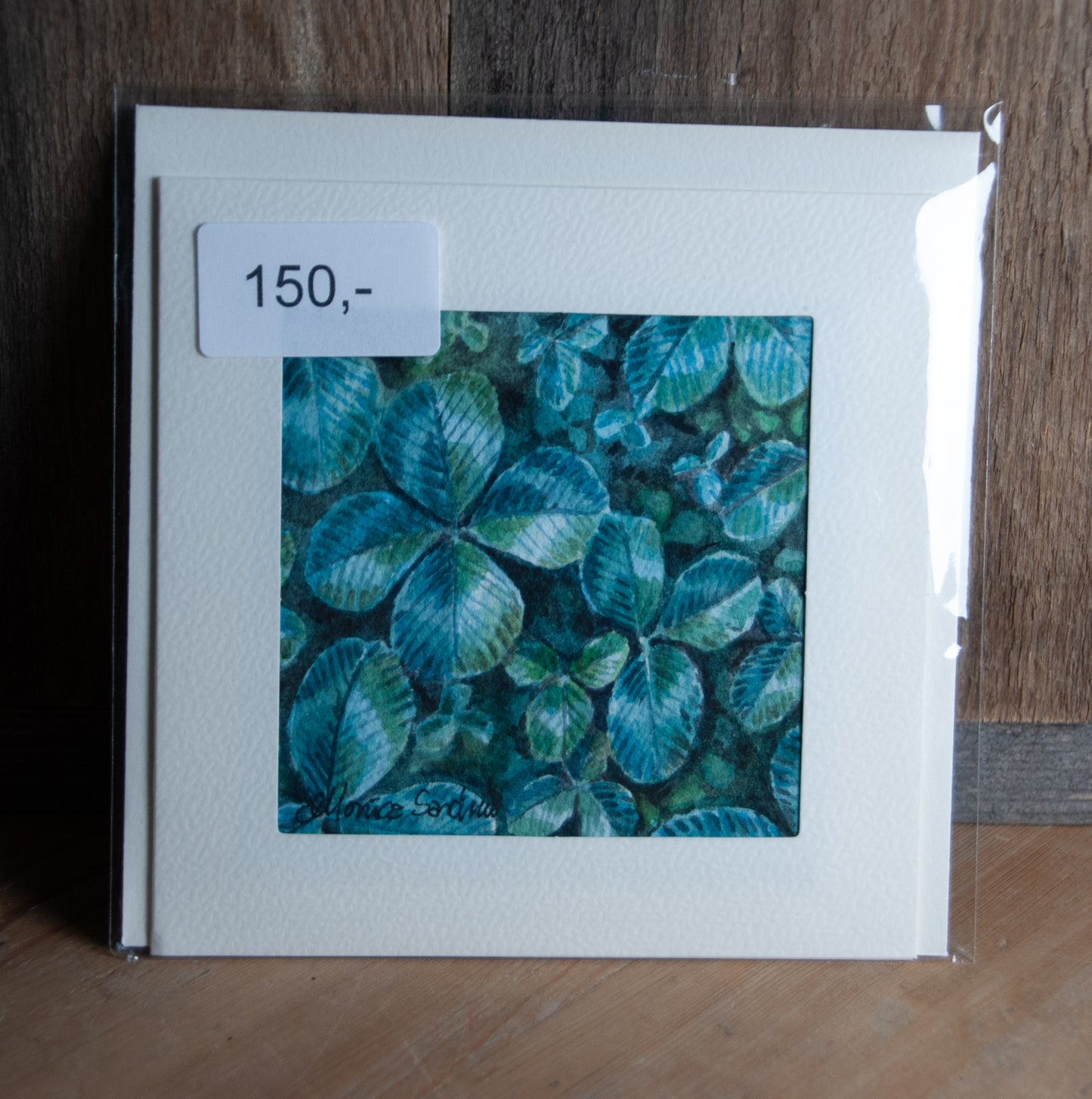 Håndmalt Akvarellkort - Blålig Kløver med Firkløver - Unikt