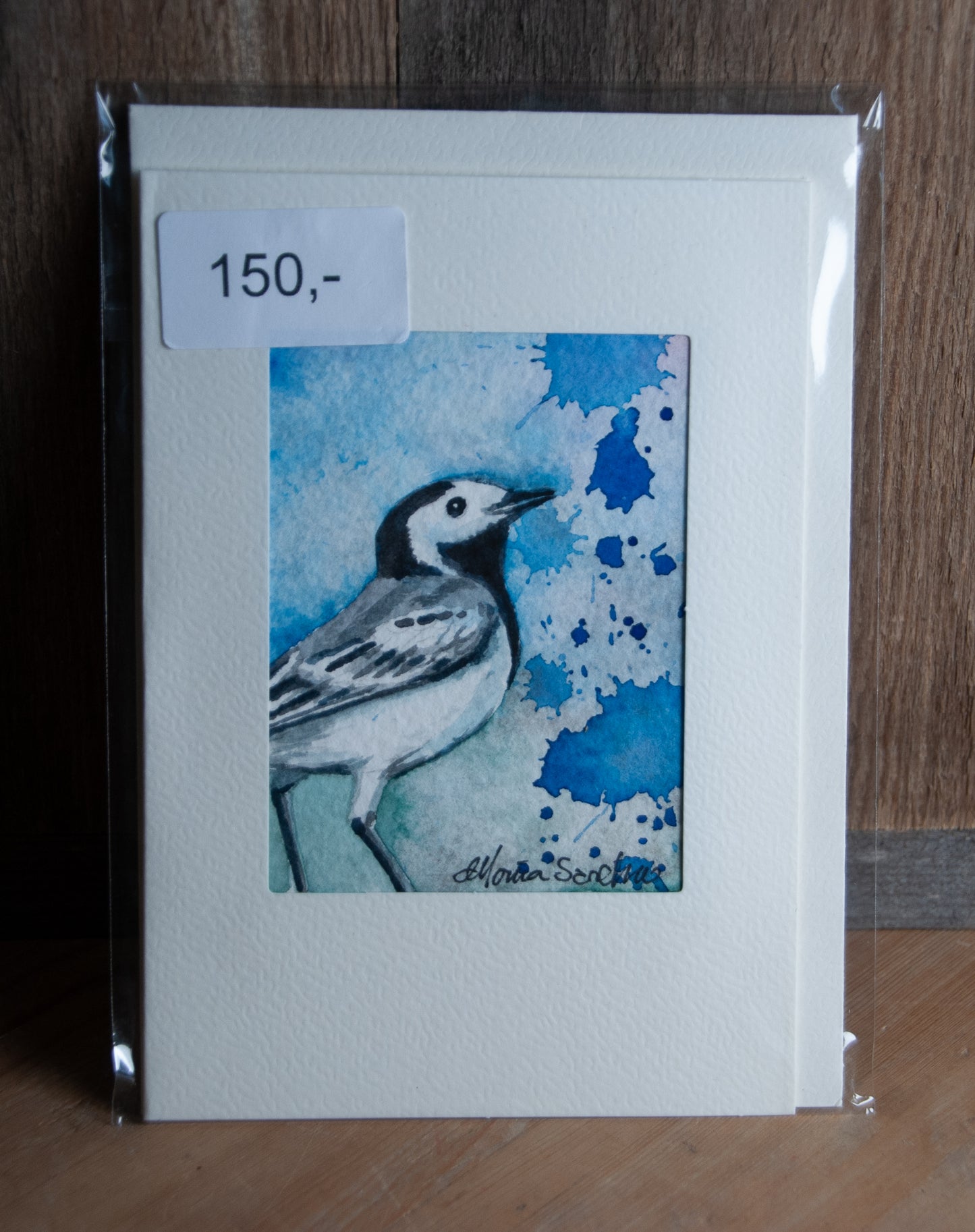 Håndmalt Akvarellkort Linerle - Blåtoner i bakgrunn - Unikt Kort