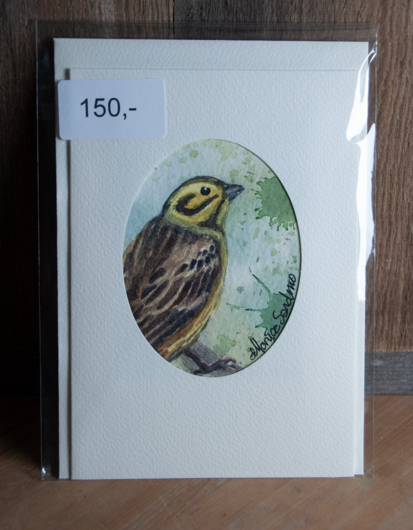 Håndmalt Akvarellkort Gulspurv - Grønn