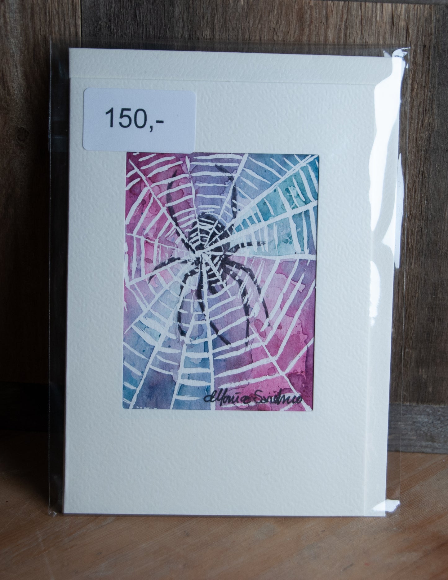 Håndmalt Akvarellkort Edderkopp i Nett - Unikt Kort