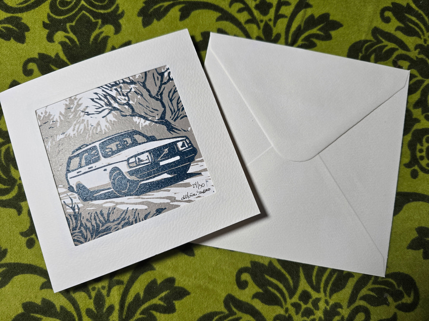 Håndlaget Linotrykk dobbelt kort, Volvo 240 stasjonsvogn, Unikt trykk 24/ 30