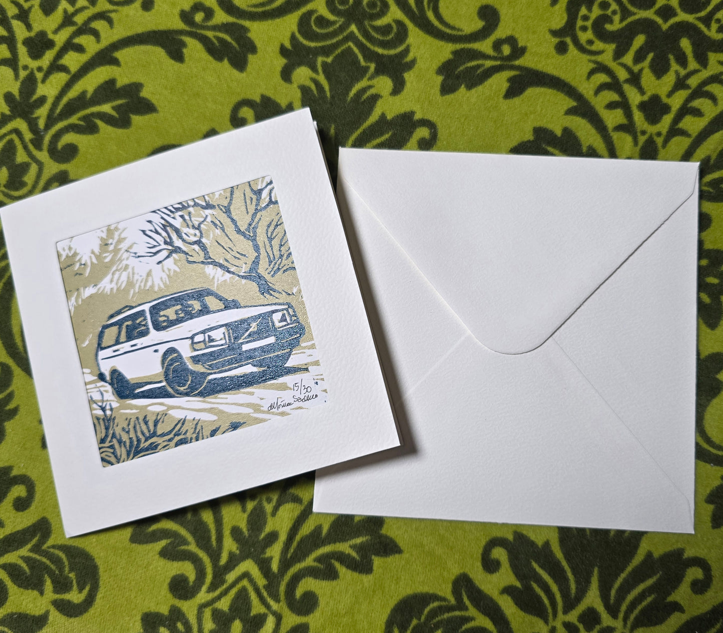 Håndlaget Linotrykk dobbelt kort, Volvo 240 stasjonsvogn, Unikt trykk 15/ 30