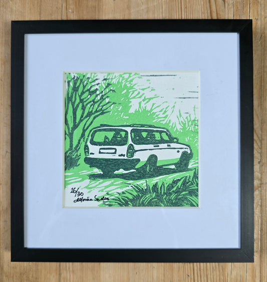 Innrammet Linosnitt - Volvo 240 Stasjonsvogn i Grønt (Nummerert 26/30)