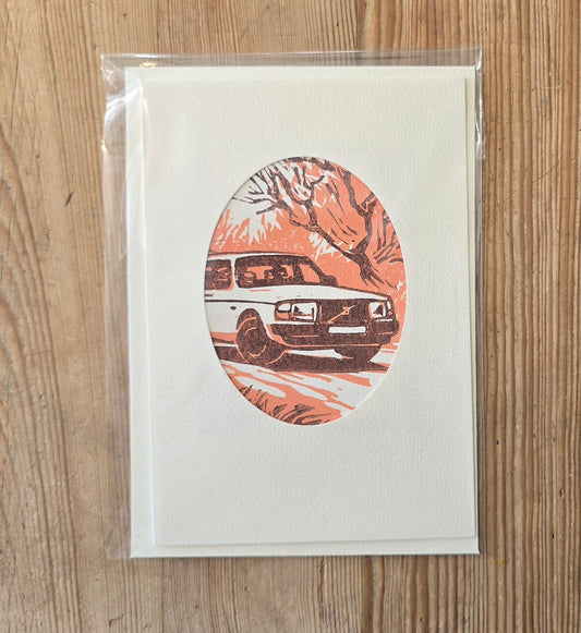 Håndlaget Linotrykk, dobbelt kort - Volvo 240 - Nostalgi