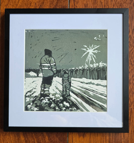 Innrammet Linosnitt - Far og Sønn (Unikt Prøvetrykk)