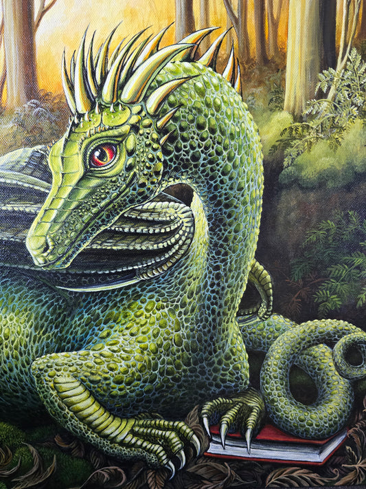 Originalt Akrylmaleri - Grønn Drage med Bok i Skogen (50x40 cm)