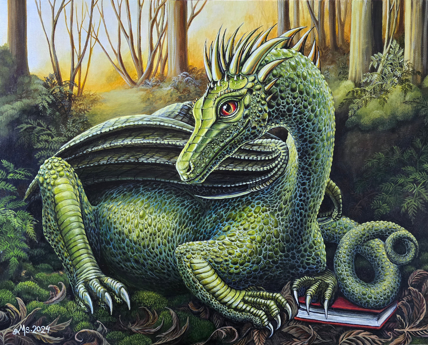 Originalt Akrylmaleri - Grønn Drage med Bok i Skogen (50x40 cm)