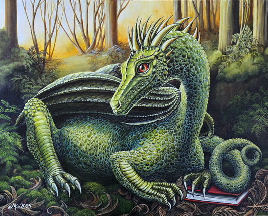 Originalt Akrylmaleri - Grønn Drage med Bok i Skogen (50x40 cm)