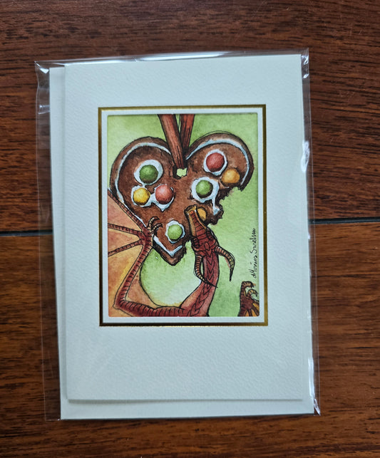 Håndmalt Akvarellkort - Pepperkakedrage Unikt kort