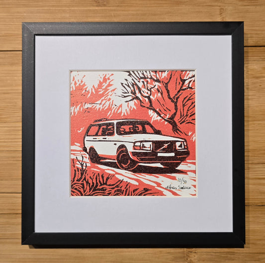 Innrammet Linosnitt - Volvo 240  Rød,  Stasjonsvogn  ( 10 av 30)