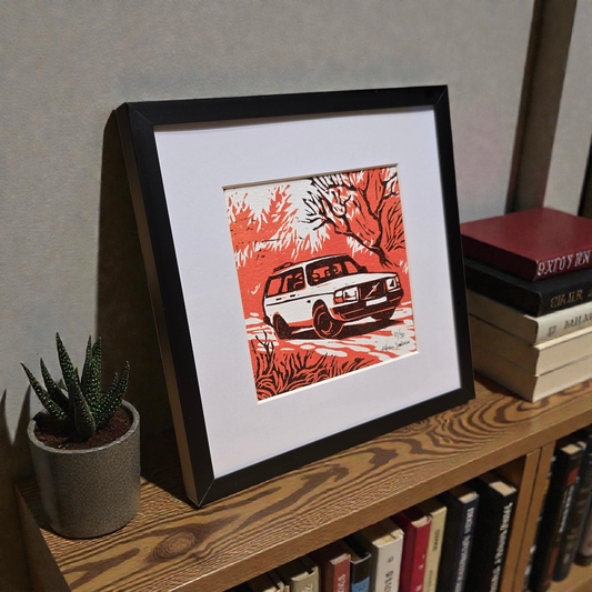 Innrammet Linosnitt - Volvo 240  Rød,  Stasjonsvogn  ( 10 av 30)