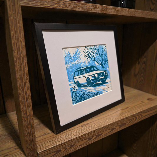 Innrammet Linosnitt - Volvo 240  Blå,  Stasjonsvogn  ( 26 av 30)