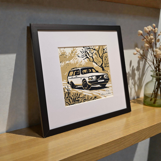 Innrammet Linosnitt - Volvo 240  Oliven, Stasjonsvogn  ( 16 av 30)