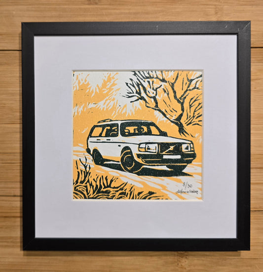 Innrammet Linosnitt - Volvo 240  Gul, Stasjonsvogn  ( 8 av 30)