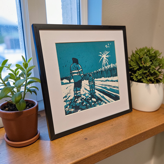 Innrammet Linosnitt - Far og Sønn, unikt trykk 2 av 10