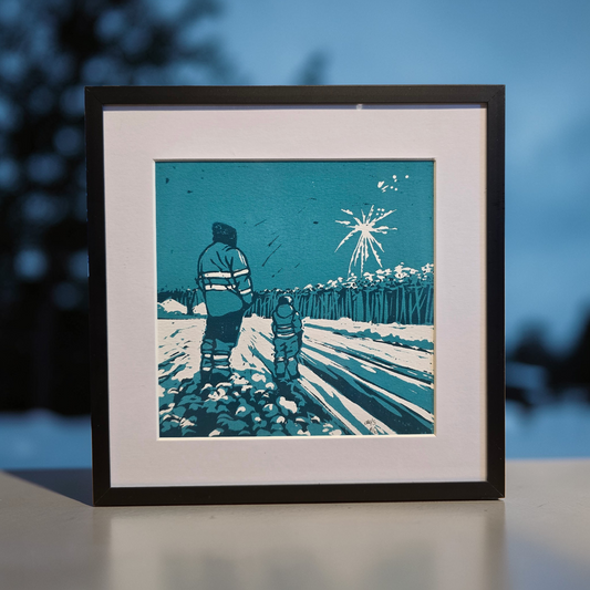 Innrammet Linosnitt - Far og Sønn, unikt trykk 6 av 10