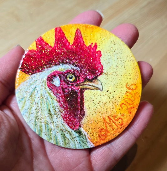 Håndmalt minilerret med Flott Hane, Rund -7,5 cm