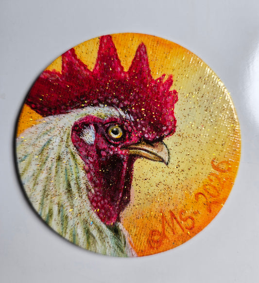 Håndmalt minilerret med Flott Hane, Rund -7,5 cm