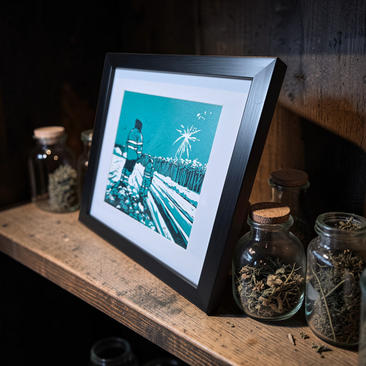 Linotrykk Far og sønn. Dette er nummerert  5 av 10.Trykket viser en far og sønn som står og ser nyttårsfyrverkeri sammen. En koselig stund. Trykket er trykket i blågrønt, mørk og lyst. så er det også hvitt fra arket. Hvit passeopartout og svart ramme i kunststoff. Her er bildet sett fra siden og står på hylle i interiør.