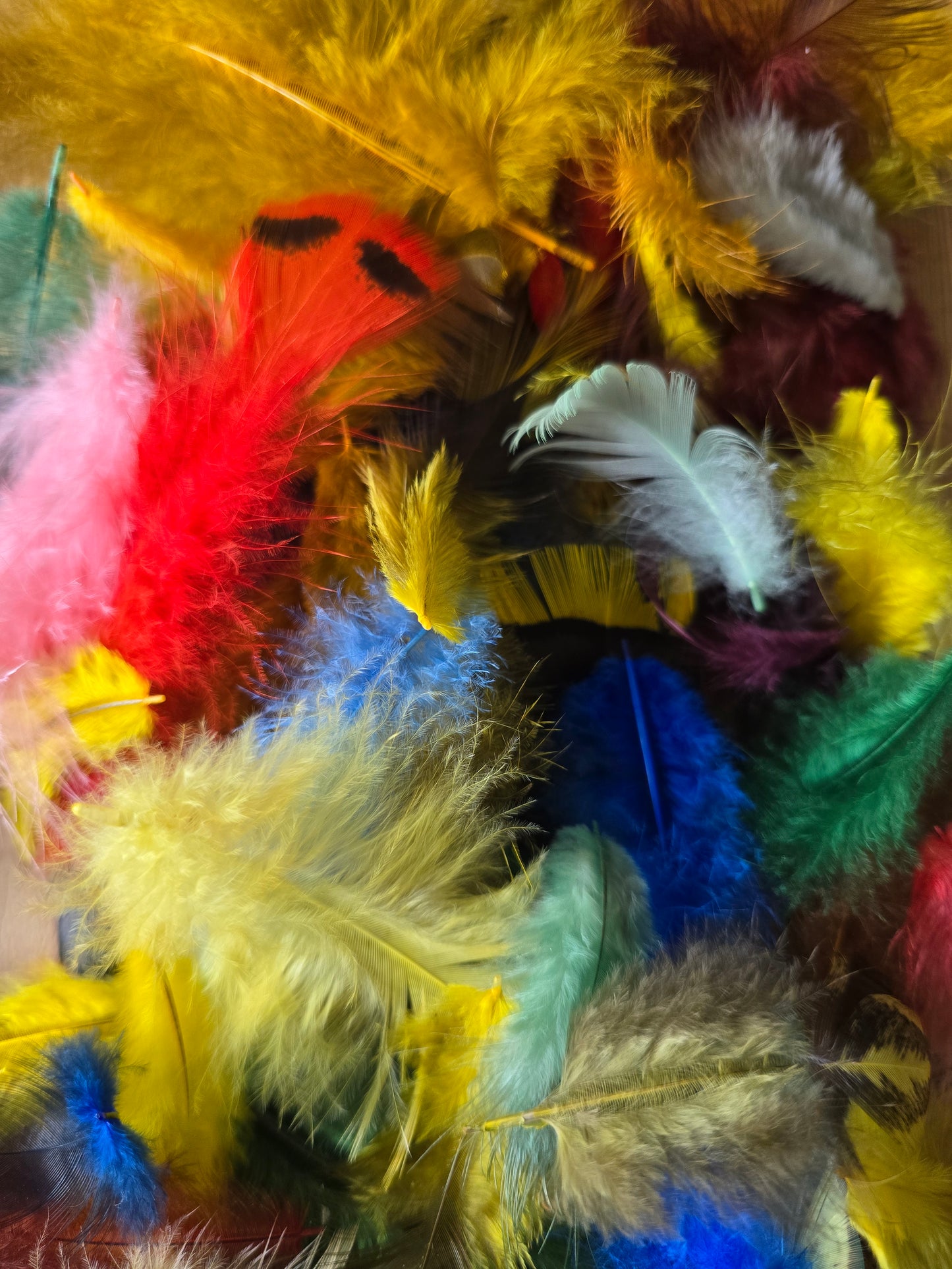 Håndfargete fjær fra Norske Høns og Kalkuner. Store og små fjær, Fargemiks. 300 fjær i pakken. Faret med jaquard syrefarger