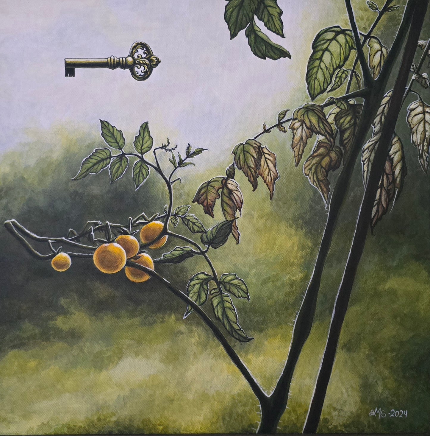 Originalt Akrylmaleri - Tanken bak, Innrammet 45,5 cmx 45.5 cm