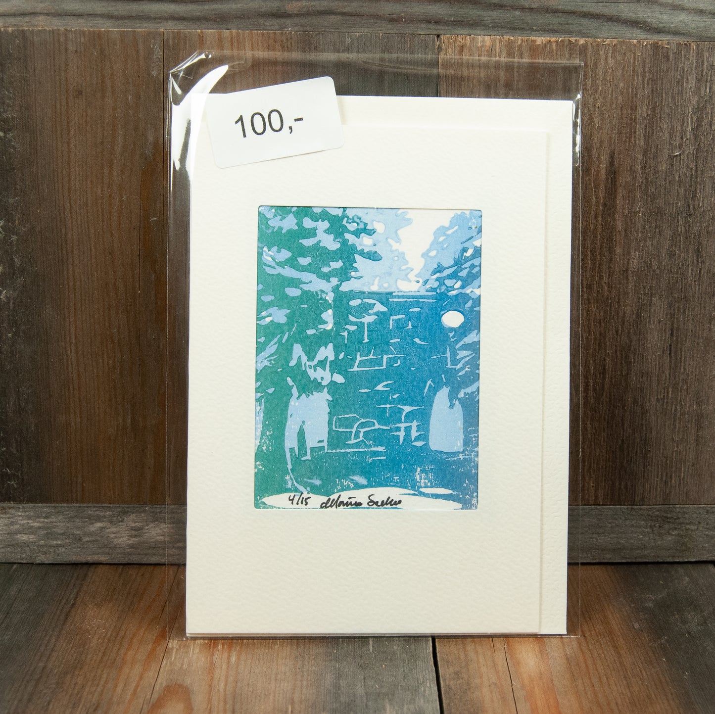 Håndlaget Linotrykk Nes Kirkeruiner - Kort 4/15