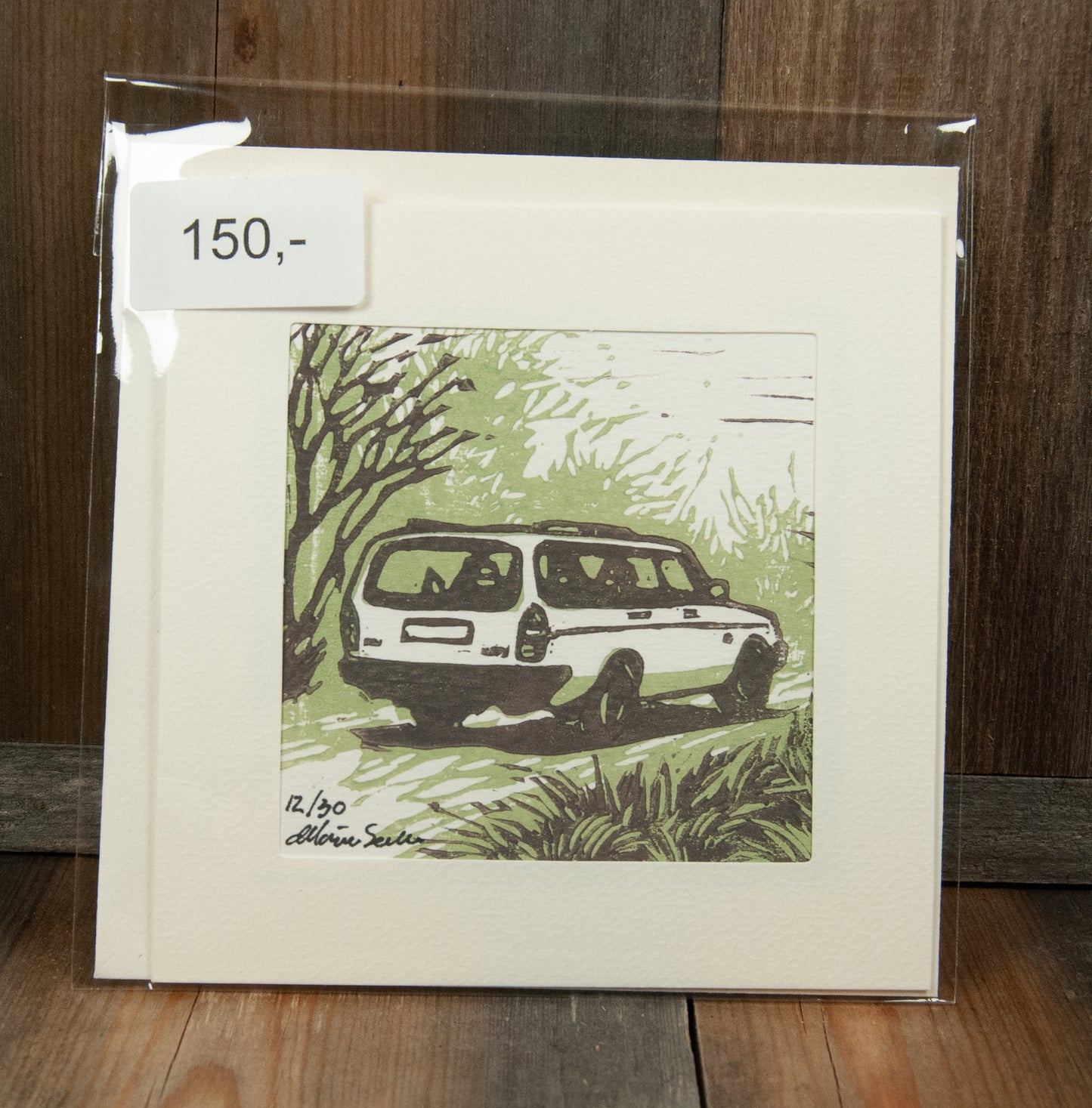 Håndlaget Linotrykk dobbelt kort, Volvo 240 stasjonsvogn, Unikt trykk 12/ 30