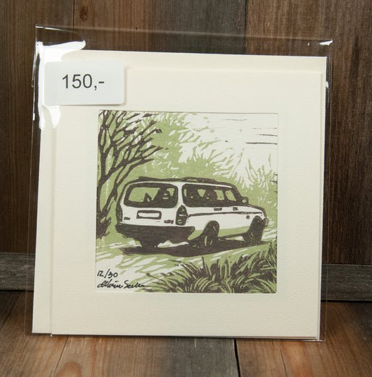 Håndlaget Linotrykk dobbelt kort, Volvo 240 stasjonsvogn, Unikt trykk 12/ 30