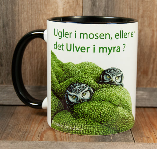 Kunstkopp 'Ugler i mosen' - Svart med Uglemotiv