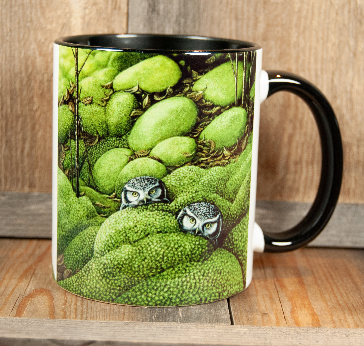 Kunstkopp 'Ugler i mosen' - Svart med Uglemotiv