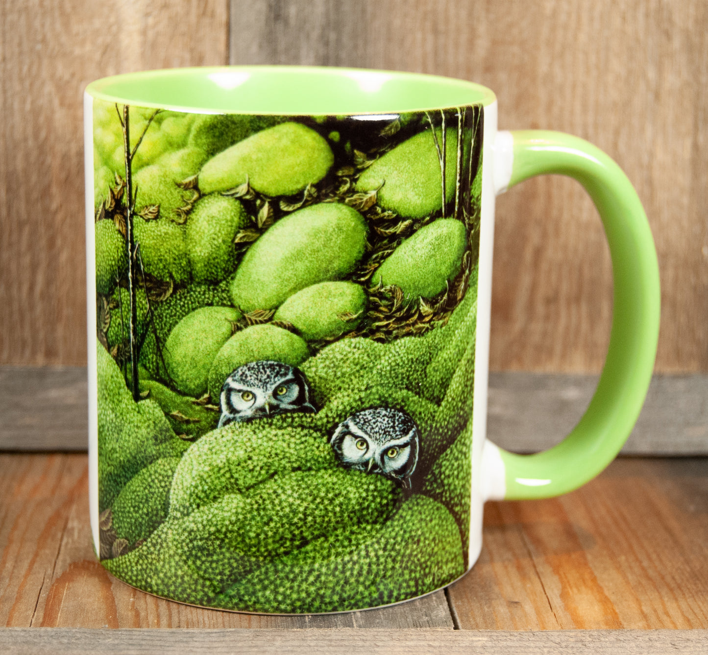 Kunstkopp 'Ugler i mosen' - Grønn med Uglemotiv