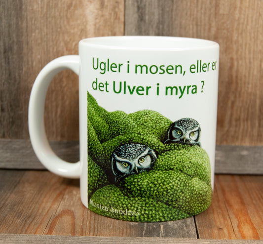 Kunstkopp 'Ugler i mosen' - Hvit med Uglemotiv