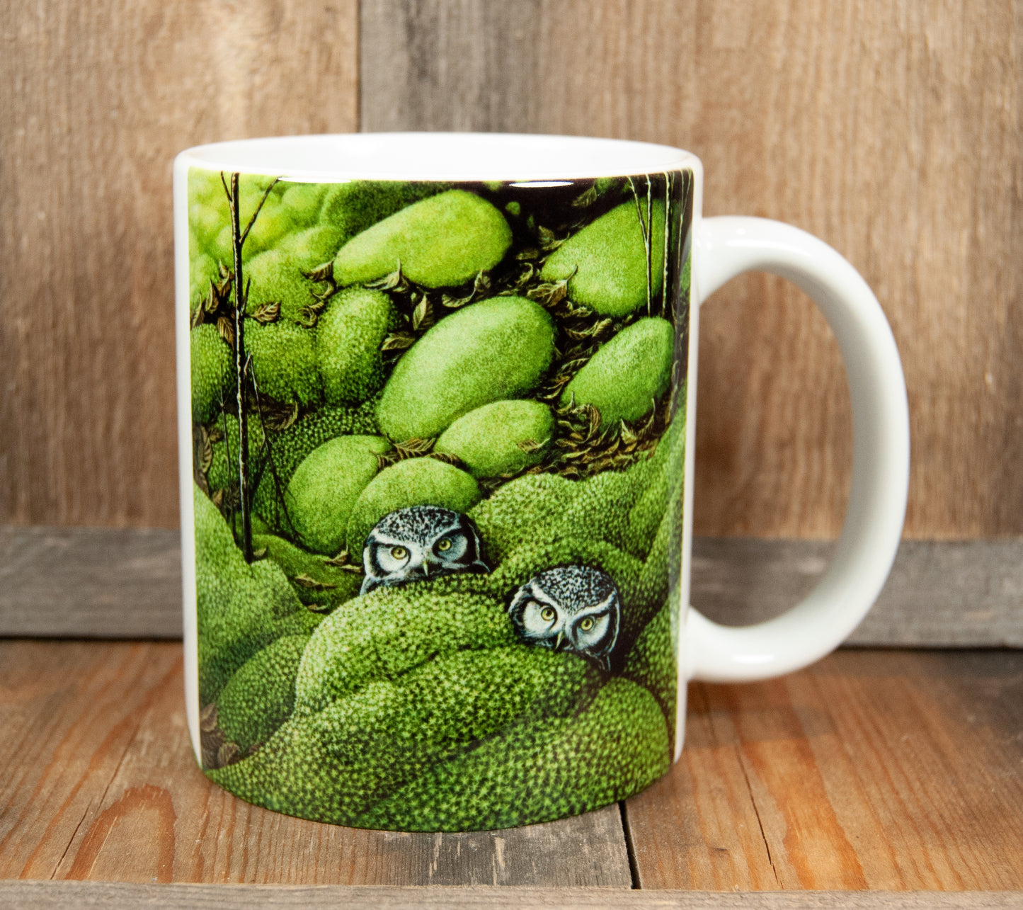 Kunstkopp 'Ugler i mosen' - Hvit med Uglemotiv