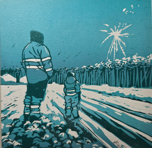 Innrammet Linosnitt - Far og Sønn, unikt trykk 9 av 10