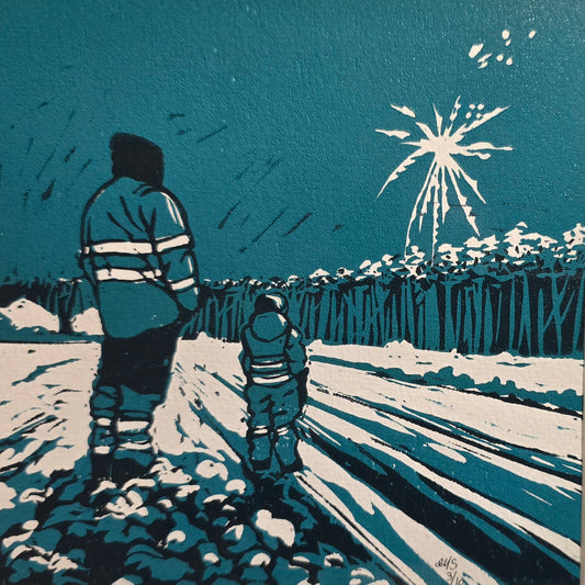 Innrammet Linosnitt - Far og Sønn, unikt trykk 3 av 10