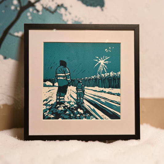 Innrammet Linosnitt - Far og Sønn, unikt trykk 3 av 10