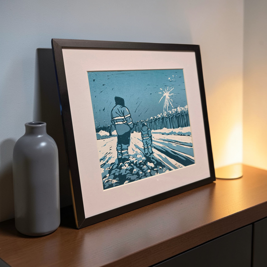 Innrammet Linosnitt - Far og Sønn, unikt trykk 10 av 10