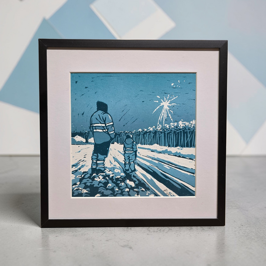 Innrammet Linosnitt - Far og Sønn, unikt trykk 10 av 10