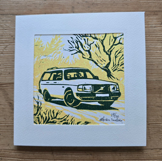 Håndlaget Linotrykk dobbelt kort, Volvo 240 stasjonsvogn, Unikt trykk 28/ 30