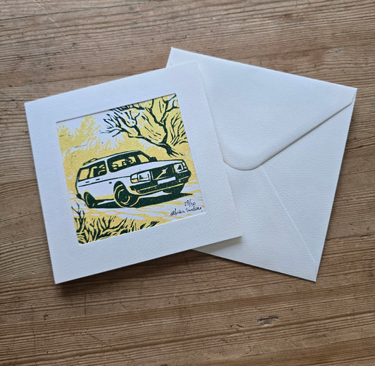 Håndlaget Linotrykk dobbelt kort, Volvo 240 stasjonsvogn, Unikt trykk 28/ 30