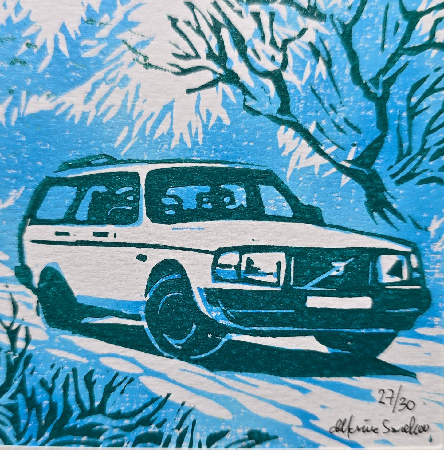 Håndlaget Linotrykk dobbelt kort, Volvo 240 stasjonsvogn, Unikt trykk 27/ 30