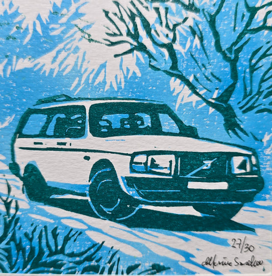 Håndlaget Linotrykk dobbelt kort, Volvo 240 stasjonsvogn, Unikt trykk 27/ 30